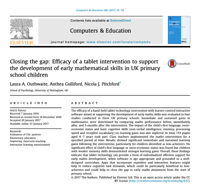 Closing the gap: Efficacy of a tablet intervention to support the development of early mathematical skills in UK primary school children